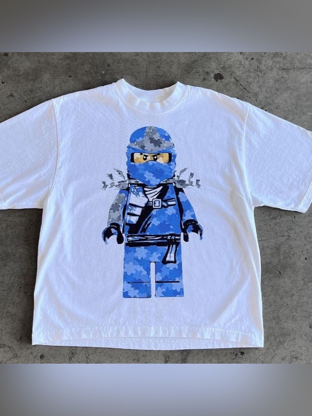 Mens White T-Shirt with Blue Ninja Minifigure Graphic